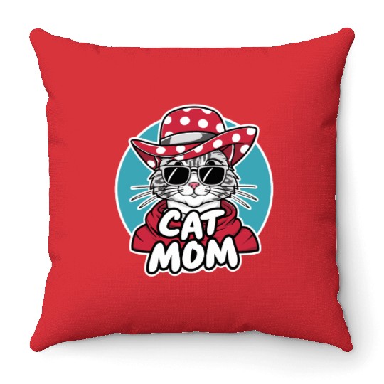 Cat Mom Funny cat with sunglasses, hat and clothes Throw Pillows