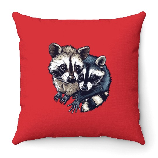 Opossum and raccoon Throw Pillows
