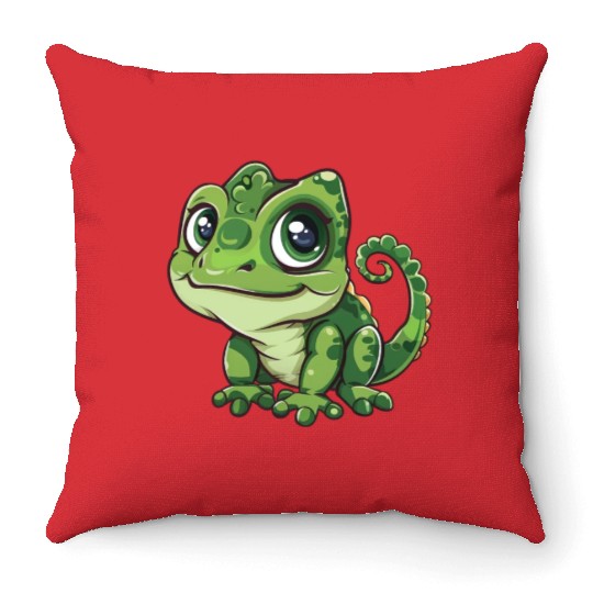 Adorable Wide-Eyed Green Chameleon Throw Pillows