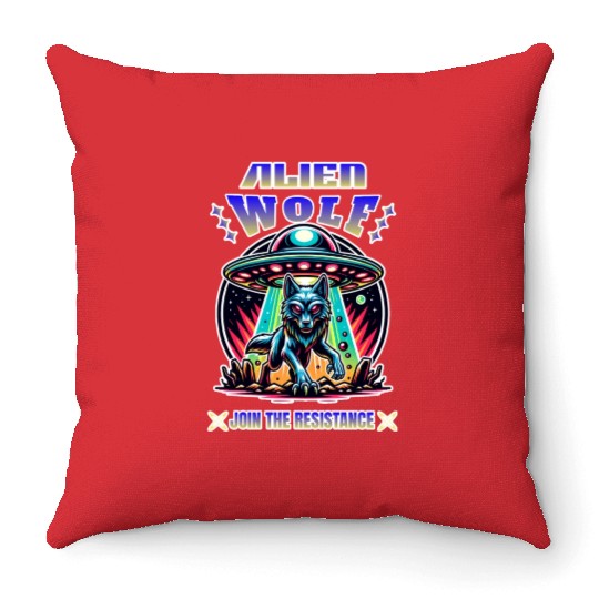 Alien Wolf, join the resistance Throw Pillows