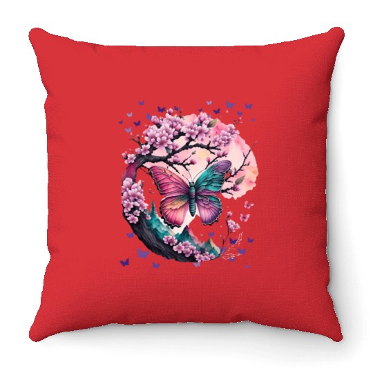 Cherry Blossoms, Butterflies & Mountains - Zen Throw Pillows