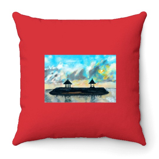 Peaceful sunset on beach scene with acrylic Throw Pillows