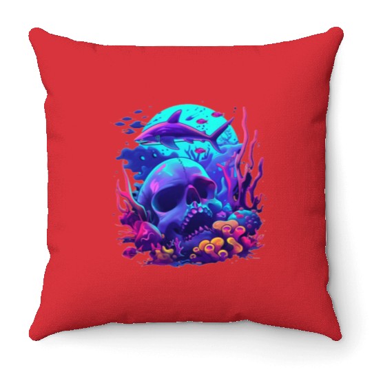 Neon Blue Skull and Shark Throw Pillows