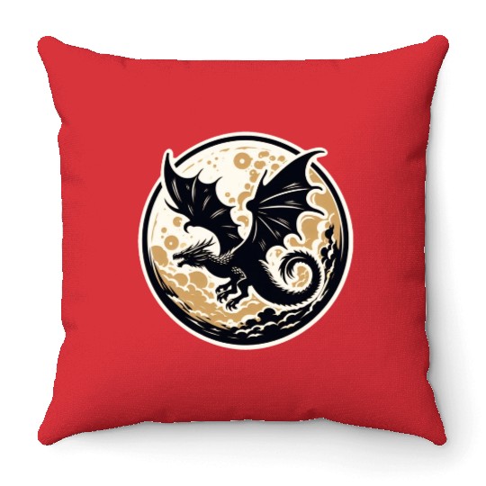 Mystical Dragon Silhouette Against Full Moon Throw Pillows