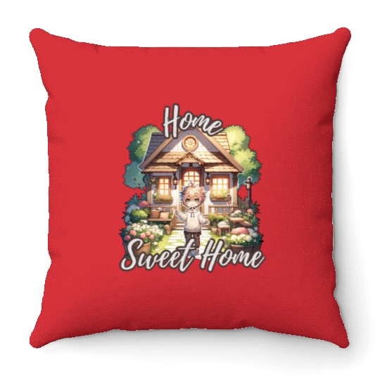 Home Sweet Home House Cabinand Person Waving 1 Throw Pillows