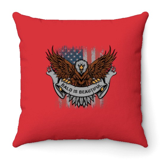Bald Is Beautiful US Flag 4th Of July Funny Eagle Throw Pillows