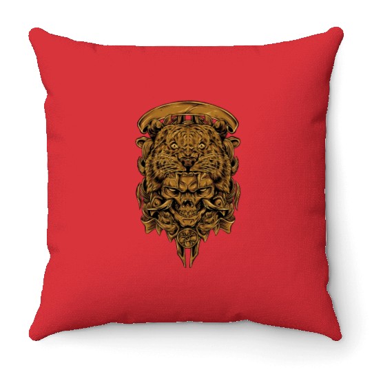Golden Angry Tiger Tora Skull Tattoo Throw Pillows