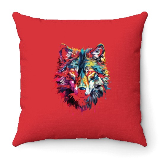 Big Colorful Wolf Throw Pillows