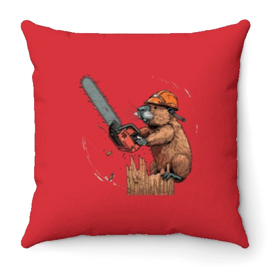 Beaver Lumberjack Chainsaw Throw Pillows
