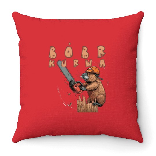 Beaver Lumberjack Chainsaw Throw Pillows
