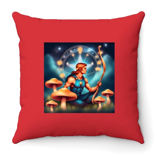 Sagittarius zodiac sign with mushrooms Throw Pillows