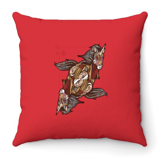 Unicorn steampunk card game Queen of Diamonds Poke Throw Pillows