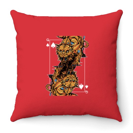 Tiger Steampunk Card Game Queen of Spades Poker Throw Pillows