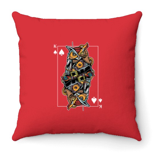 Eagle Owl Steampunk Card Game King of Spades Poker Throw Pillows