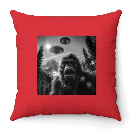 Graphic Bigfoot Sasquatch Selfie Throw Pillows