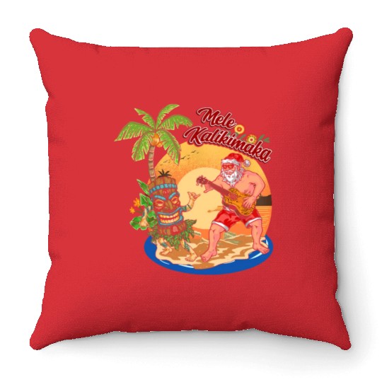 Mele Kalikimaka Funny Santa Playing Guitar Hawaii Throw Pillows