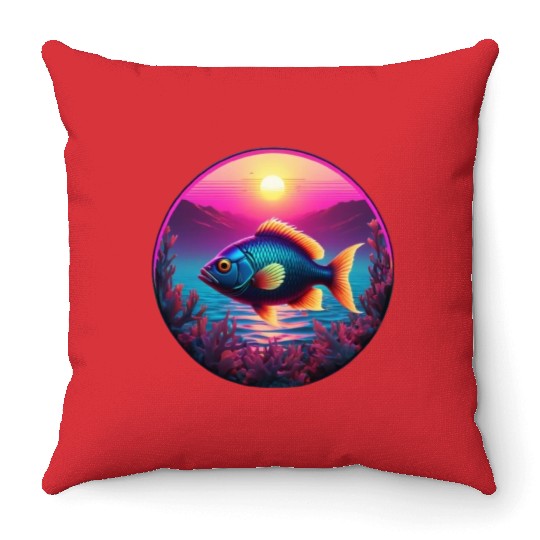Synthwave Fish and Coral and a Sunset and Ocean Throw Pillows