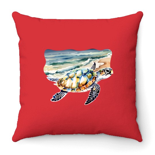 Sea Turtle at the Beach in Watercolor Throw Pillows