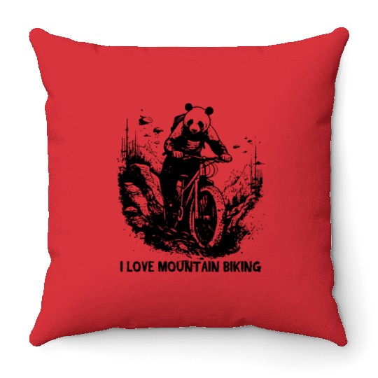 Panda Bear Biker: I Love Mountain Biking Throw Pillows