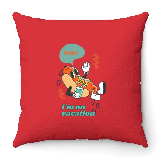 Cute funny joyful Relaxed Vacation Hot Dog Throw Pillows