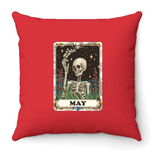 May Gothic Tarot Card - Lily of the Valley & Skele Throw Pillows
