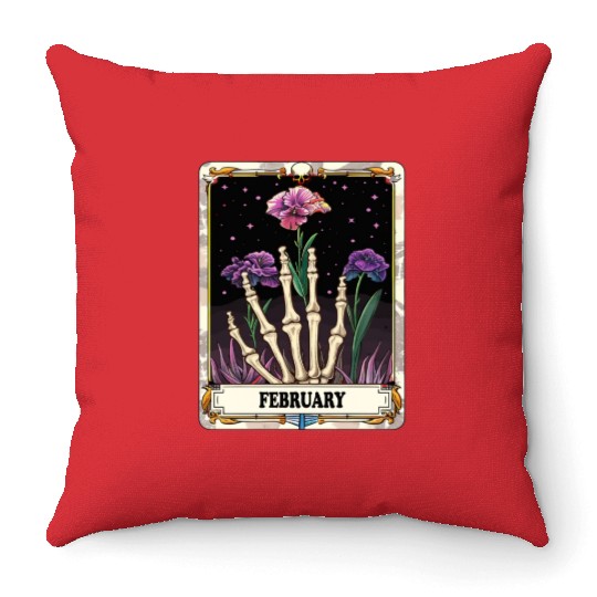 February Gothic Tarot Card - Violet Flower & Skele Throw Pillows