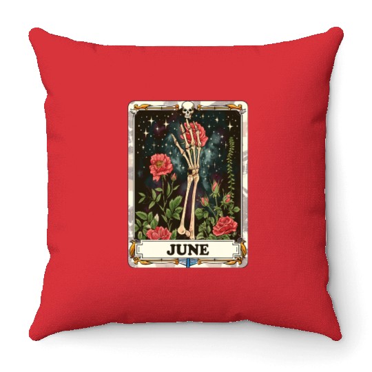 June Gothic Tarot Card - Rose Flower & Skeleton's Throw Pillows