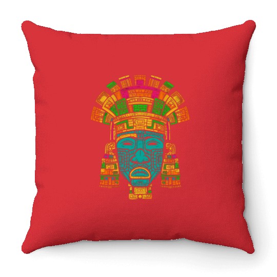 Aztec God Ancient Mythology Tlaloc Mask Vibrant Throw Pillows