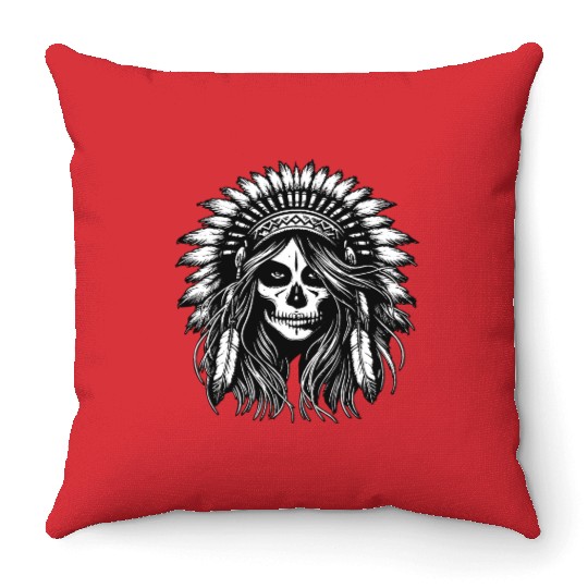 Dark Art Skull Indian Apache Girl Vintage Throw Pillows