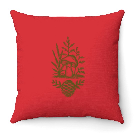 Mushroom and Pine Cone Design Forest Green Throw Pillows