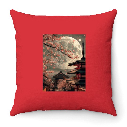 Full Moon in Tokyo Japan Sakura Throw Pillows