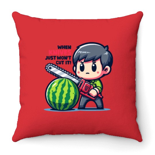 Cutting Watermelon - Melon Chainsaw Throw Pillows