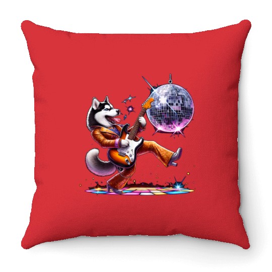 Disco Guitar Husky dog Throw Pillows