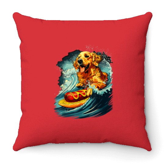 Space Dog surfing Hot Throw Pillows