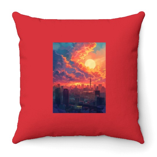 Beautiful Sunset in Tokyo City Japan Throw Pillows