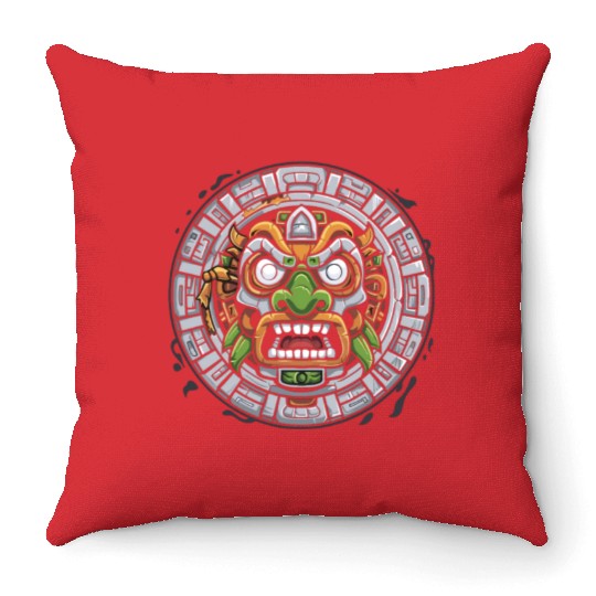 Aztec God Ancient Mythology Tonatiuh Mask Throw Pillows