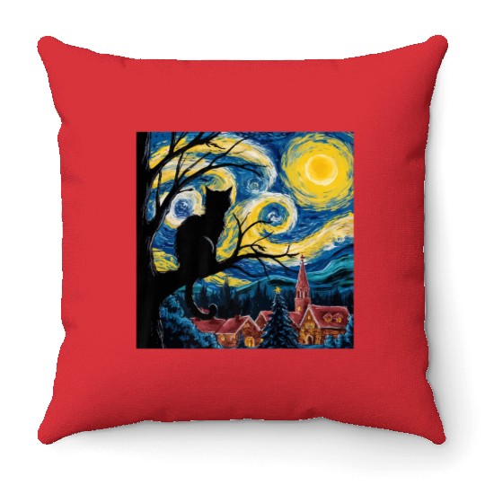 Starry Night Cat Art Premium Throw Pillows