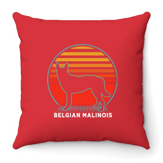 Retro 80s Dog Silhouette Belgian Malinois Throw Pillows