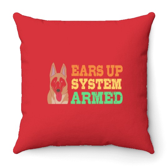 Retro Dog Ears Up System Armed Belgian Malinois Throw Pillows