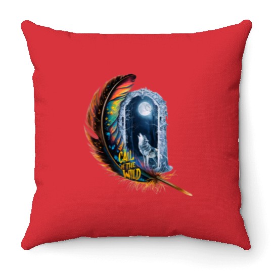 Glowing feather with wolf howling at the moon Throw Pillows