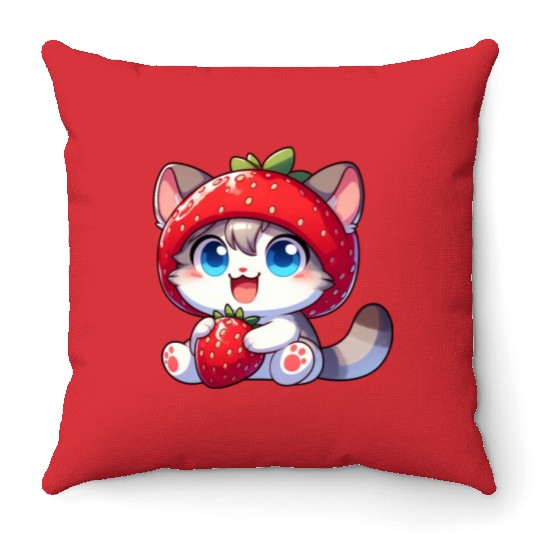Cute Cat Strawberry Fruit Hat Quirky Throw Pillows