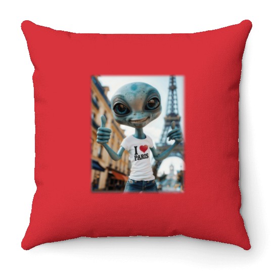A Alien in Paris. I love Paris Throw Pillows