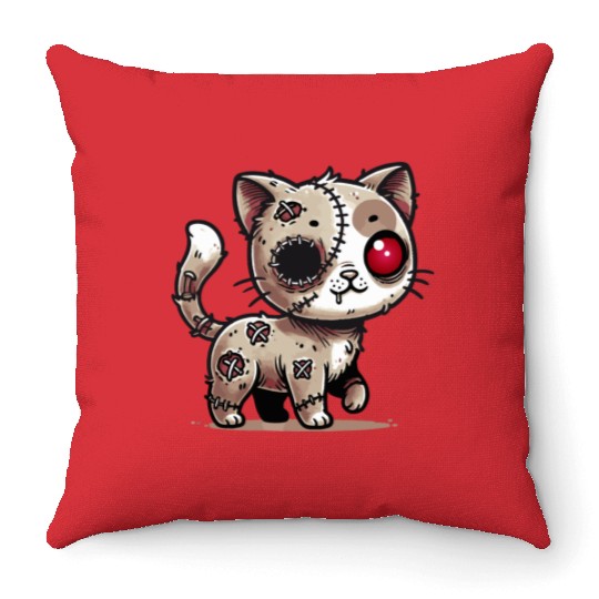 scary zombie kawaii cat for halloween fun Throw Pillows