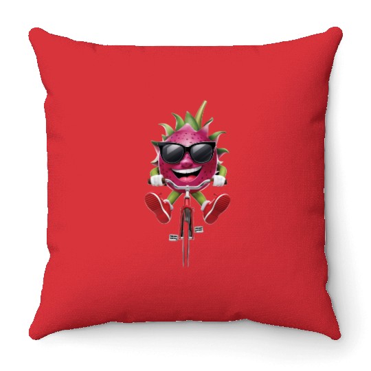 Dragon Fruit Cycling On Bike Realistic Throw Pillows