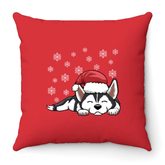 CHRISTMAS SANTA HAT SIBERIAN HUSKY DOG Throw Pillows