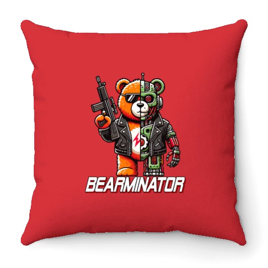Bearminator Funny Cyborg Teddy Bear Design Throw Pillows