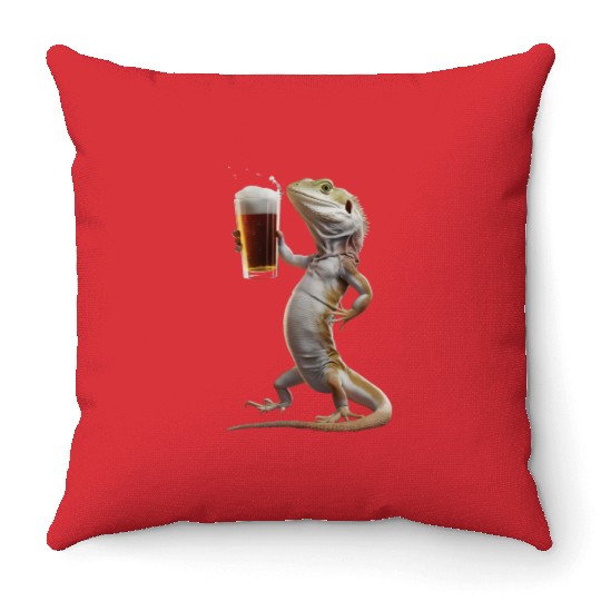Lizard Drinking Beer Realistic Throw Pillows