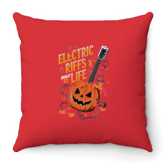 musical pumpkin autumn vibes spooky guitar autumn Throw Pillows