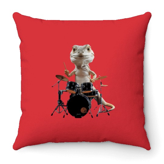 Lizard Playing Drums Realistic Throw Pillows