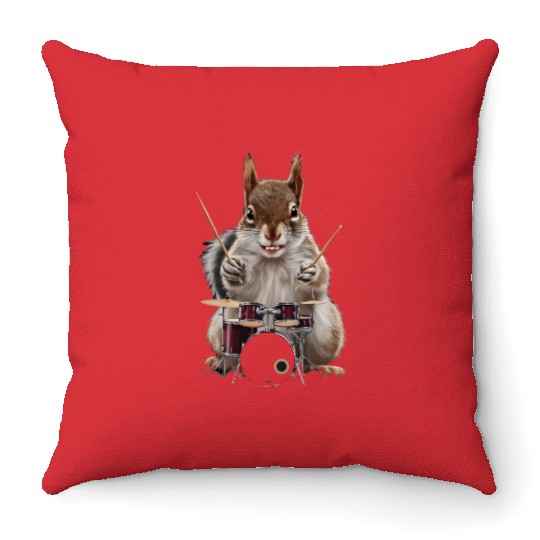 Squirrel Playing Drums Realistic Throw Pillows